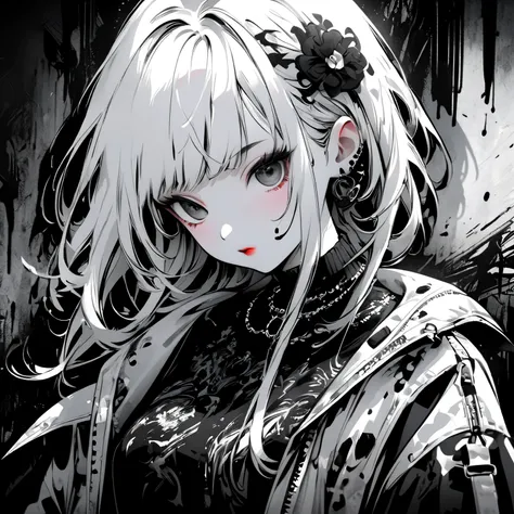 Create digital artworks in the pop art style、ink style drawing、Black ink on white paper、Street fashion、Gothic Fashion、Black and white brushwork、Emotions must be dynamic、Upper Body、drawing、shape、white and black ink、Thick ink lines、The pen strokes are very d...