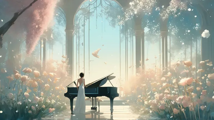 Loish and Pascal Campion art, an ethereal scene of surreal giant flowers blooming, soft white bells gently drooping like tiny translucent porcelain chimes, their fragrance lingering in the silver air. A gentle breeze stirs the leaves, dew shining like pear...