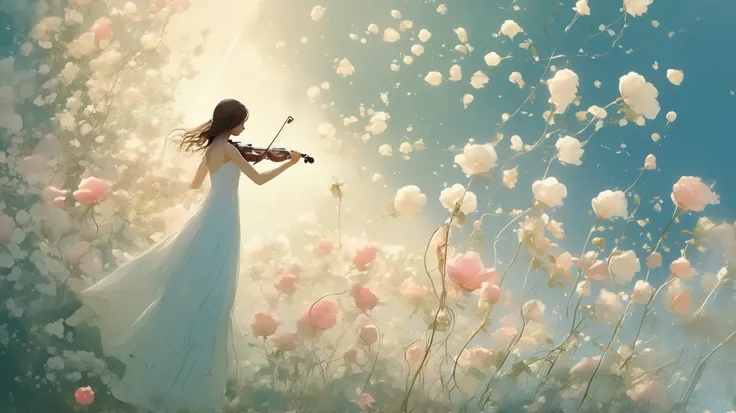 Loish and Pascal Campion art, an ethereal scene of surreal giant flowers blooming, soft white bells gently drooping like tiny translucent porcelain chimes, their fragrance lingering in the silver air. A gentle breeze stirs the leaves, dew shining like pear...