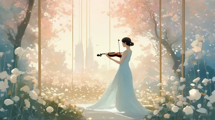 Loish and Pascal Campion art, an ethereal scene of surreal giant flowers blooming, soft white bells gently drooping like tiny translucent porcelain chimes, their fragrance lingering in the silver air. A gentle breeze stirs the leaves, dew shining like pear...