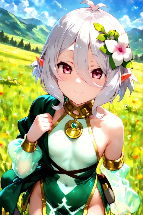 (((super detailed))), grassland, fantasy, smile, 1 girl, beautiful, kokkoro