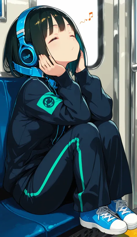 Subway Stories, 1girl, profile picture, horizontal ((((Girl is sitting with her face up, your eyes are closed, esta com headphones, Enjoying the music that comes from your headphones)))), full body