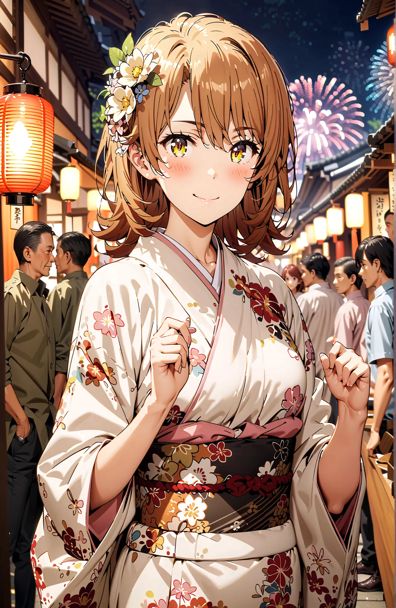 Iroha Isshiki, short hair, brown hair, brown eyes in the bedroom,flower hair ornament with ears,Yellow flower pattern kimono ,Medium breast,smile,blush,mouth,Light up fireworks,Red Lantern,Japanese stalls ,standing,night,crowd,in their 40s outdoors, Japane...