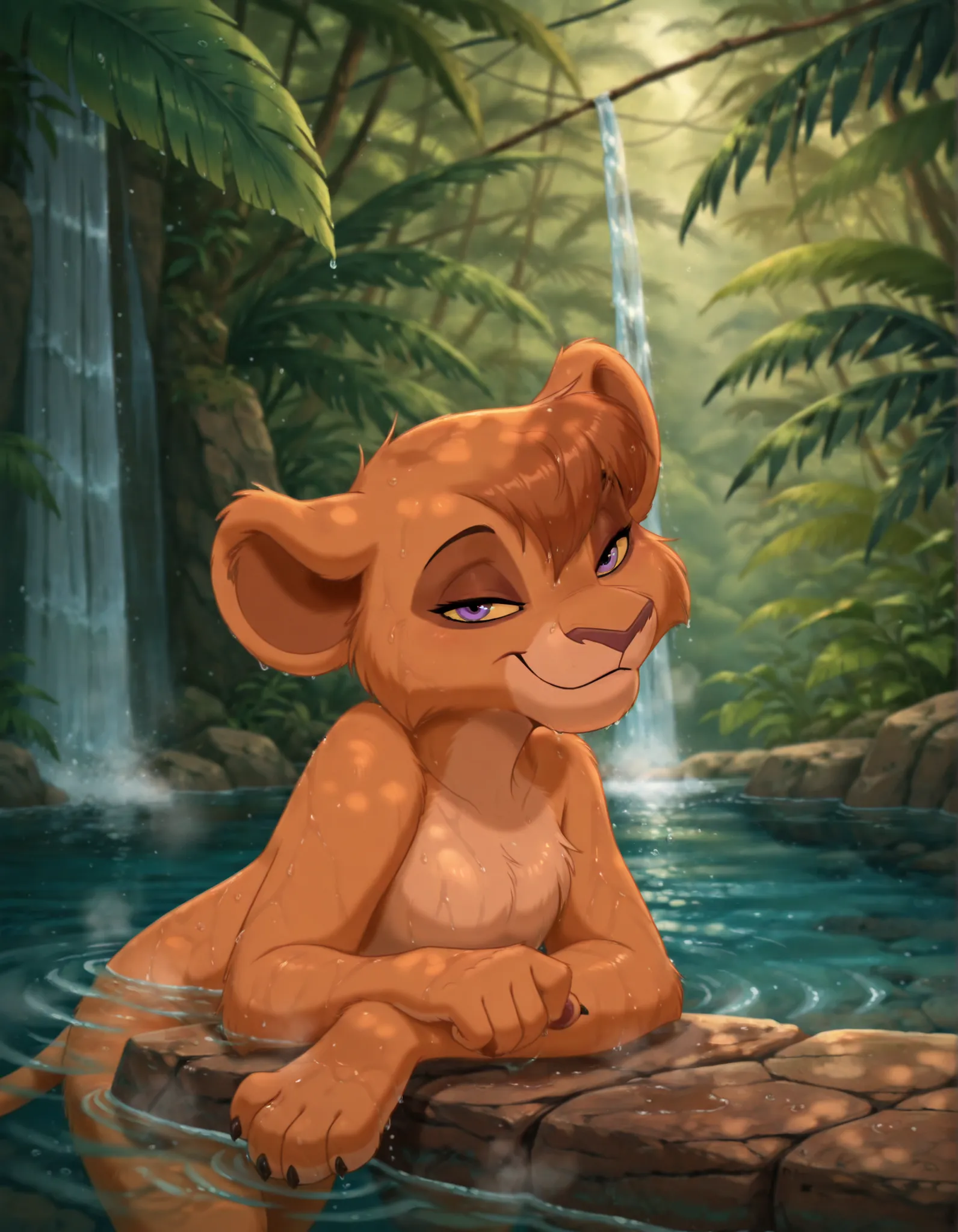 8k, masterpiece, best quality, highly detailed, realistic, 1girl, solo, VitaniTLK, furry, anthro, feline, lioness, brown hair, short hair, yellow sclera, purple eyes, black pupils, dark-pink nose, brown body, brown fur, tan body, tan fur, two tone body, tw...