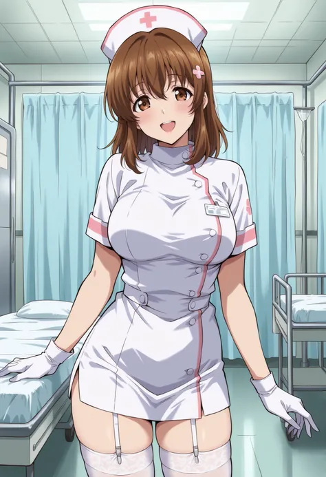 Score_9, score_8_up, score_7_up, source_anime, sudou miu, solo, brown eyes, brown hair, medium hair, hairclip, (best quality), (high quality), {masterpiece}, extremely delicate and beautiful, ultra-detailed, beautiful detailed eyes, nurse, nurse hat, ((whi...