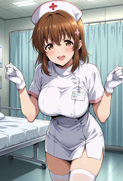Score_9, score_8_up, score_7_up, source_anime, sudou miu, solo, brown eyes, brown hair, medium hair, hairclip, (best quality), (high quality), {masterpiece}, extremely delicate and beautiful, ultra-detailed, beautiful detailed eyes, nurse, nurse hat, ((whi...