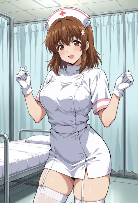 Score_9, score_8_up, score_7_up, source_anime, sudou miu, solo, brown eyes, brown hair, medium hair, hairclip, (best quality), (high quality), {masterpiece}, extremely delicate and beautiful, ultra-detailed, beautiful detailed eyes, nurse, nurse hat, ((whi...