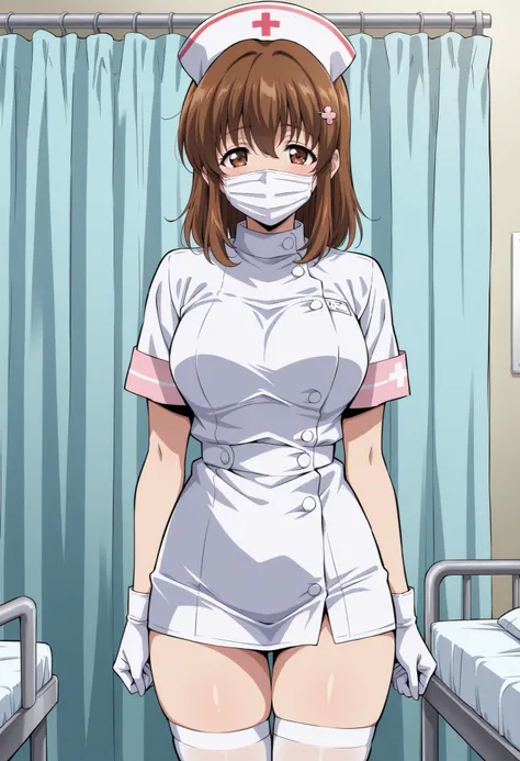Score_9, score_8_up, score_7_up, source_anime, sudou miu, solo, brown eyes, brown hair, medium hair, hairclip, (best quality), (high quality), {masterpiece}, extremely delicate and beautiful, ultra-detailed, beautiful detailed eyes, nurse, nurse hat, ((whi...