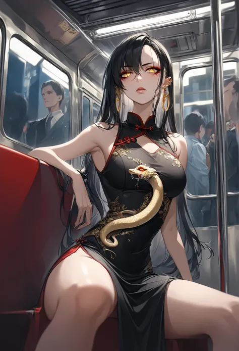 ((masterpiece)), ((RAW 8K)), ((extreme photorealism)), ((hyper-detailed skin texture)), ((studio-grade lighting)), Boa Hancock — regal, fierce, and commanding.

Waist-up portrait, seated confidently in a modern subway train. Boa Hancock holds her imperial ...