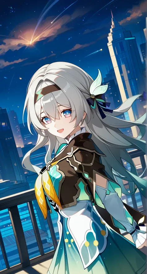 masterpiece,best quality,highres,ultra-detailed,glass cover,alternate color,score_9, score_8_up , score_7_up,dynamic angle,1girl,pretty,(Firefly,Honkai:Star Rail),grey hair,hairband,long hair,jacket,purple eyes,black jacket,white shirt,black hairband,hair ...