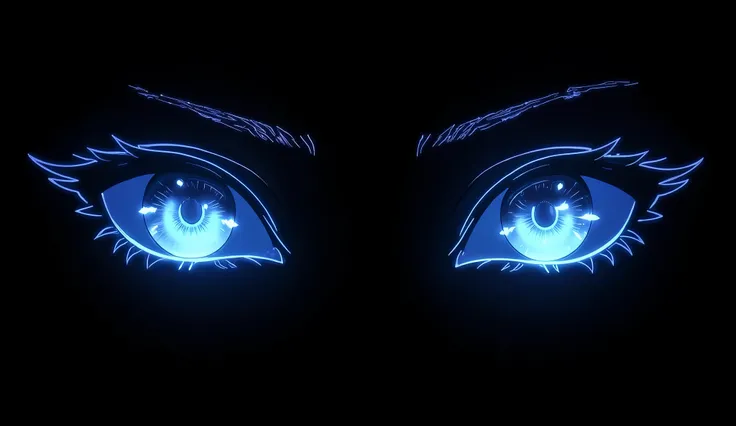 Background for desktop drawing outline of beautiful and seductive eyes with black background, gaming, minimalist, 4k, High Definition, ultra detailed, rgb style, neon style, brilliant, anime style, dark background, ultra modern, palette between sky blue an...