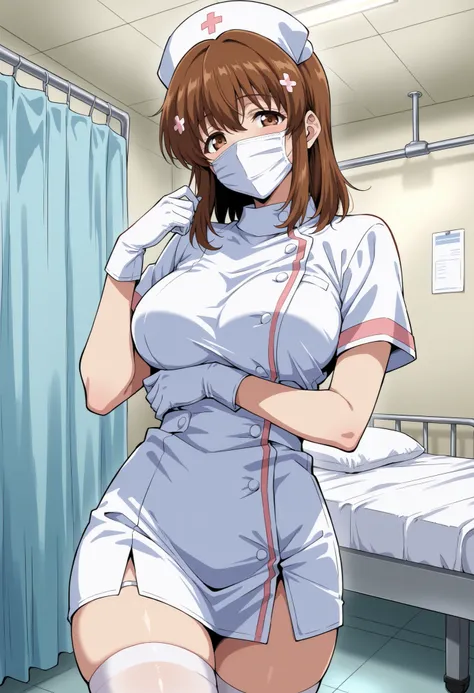 Score_9, score_8_up, score_7_up, source_anime, sudou miu, solo, brown eyes, brown hair, medium hair, hairclip, (best quality), (high quality), {masterpiece}, extremely delicate and beautiful, ultra-detailed, beautiful detailed eyes, nurse, nurse hat, ((whi...