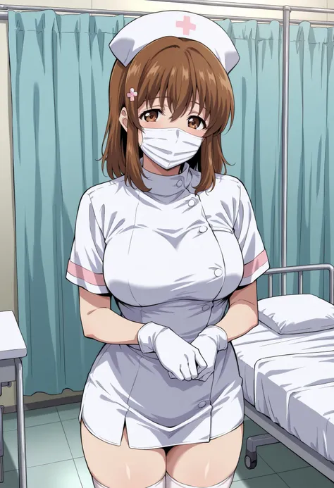 Score_9, score_8_up, score_7_up, source_anime, sudou miu, solo, brown eyes, brown hair, medium hair, hairclip, (best quality), (high quality), {masterpiece}, extremely delicate and beautiful, ultra-detailed, beautiful detailed eyes, nurse, nurse hat, ((whi...