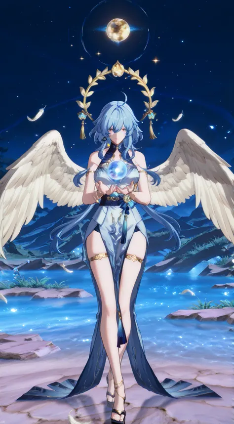 Create a fantasy scene featuring an ethereal figure with large, majestic wings made of white feathers. The character has flowing blue hair and is adorned in a shimmering gown that reflects hues of blue and white. She is holding a glowing orb, surrounded by...