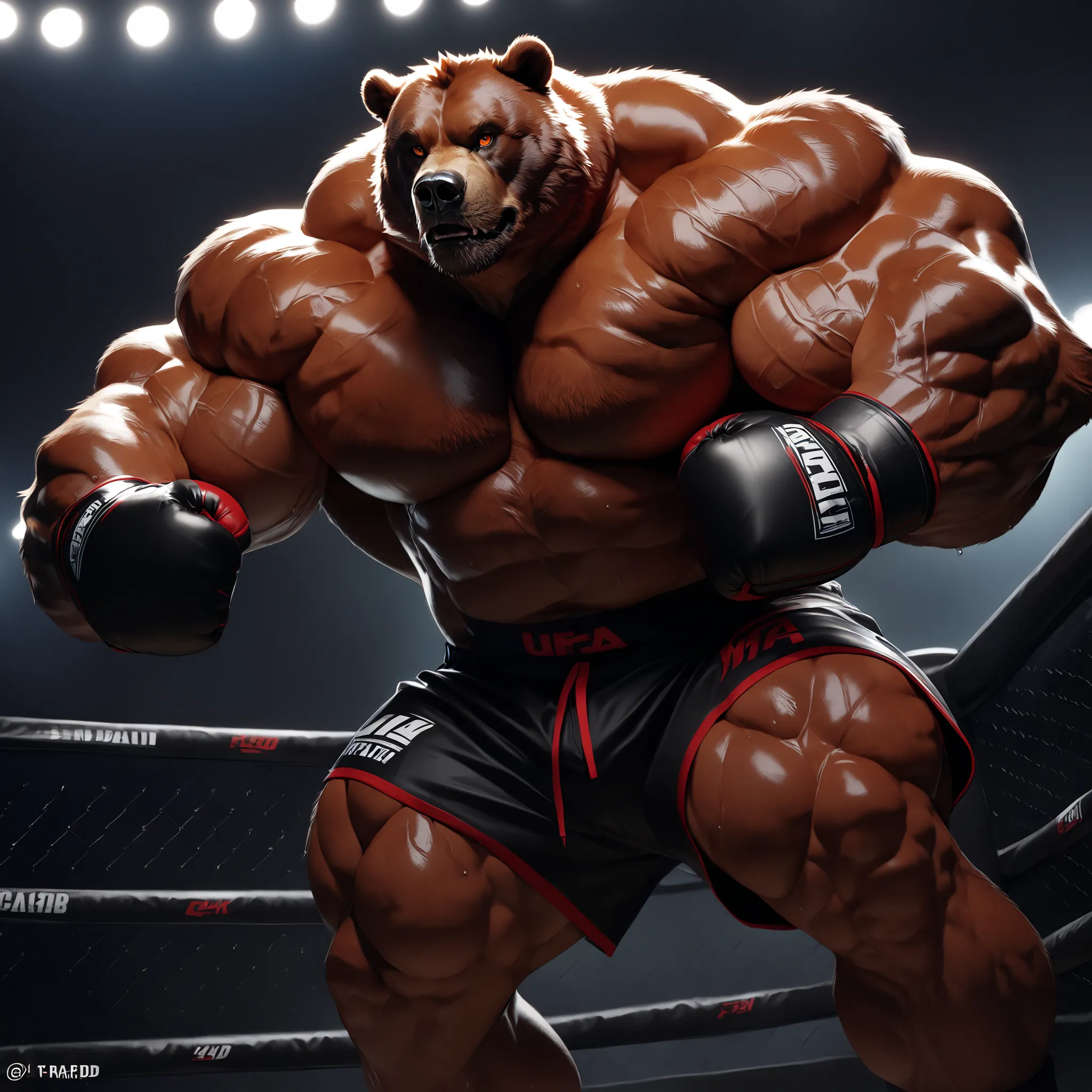 Realistic, 8k, masterpiece, Kodiak brown bear, male, solo, Kodiak brown bear, thick muscular, athletic, masculine, (nice eyes, orange eyes with pupils), MMA_gloves with red knuckle pads, black MMA_trunks with red line slits, ankle supports braces, MMA UFC ...