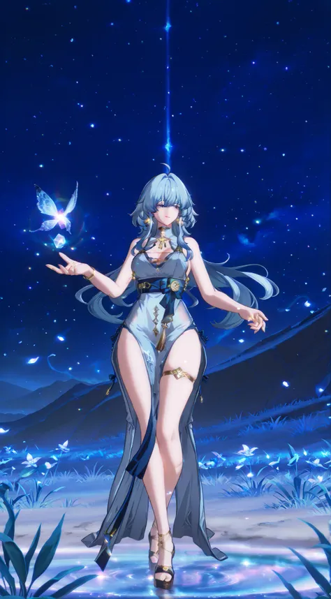 Create an ethereal fantasy scene featuring a graceful female figure with long, flowing blue hair. She wears a delicate, shimmering dress made of translucent materials, adorned with sparkles and ribbons. Surround her with a mystical environment, incorporati...