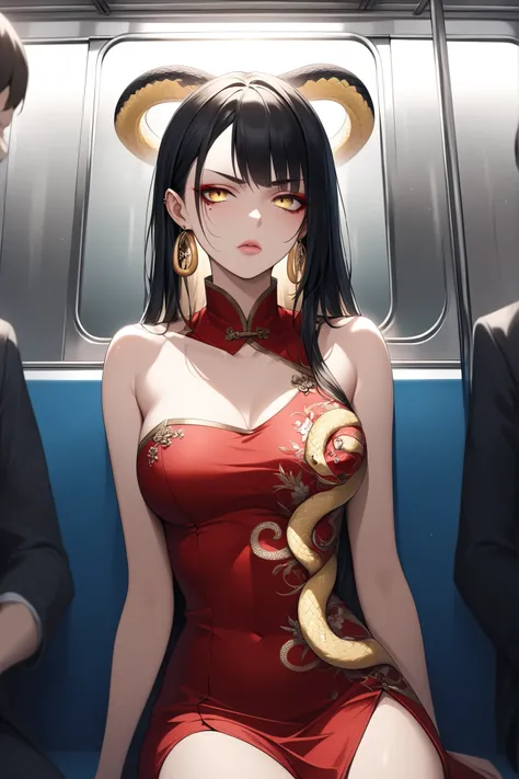 ((masterpiece)), ((RAW 8K)), ((extreme photorealism)), ((hyper-detailed skin texture)), ((studio-grade lighting)), Boa Hancock — regal, fierce, and commanding.

Waist-up portrait, seated confidently in a modern subway train. Boa Hancock holds her imperial ...