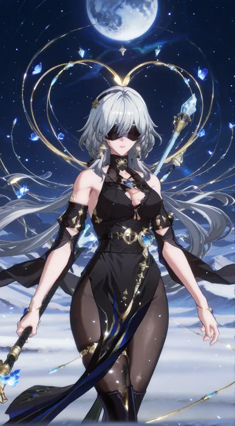 Create a stunning digital artwork of a mystical character with long, flowing silver hair and ethereal features. She wears an elegant outfit in shades of blue and black, adorned with delicate patterns and textures that hint at a celestial theme. The charact...