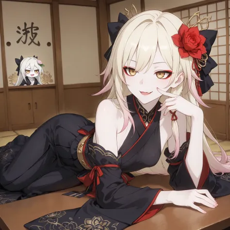 pale-blonde hair, Beautiful, Long Hair, (Rose gradient on hair), Golden Eyes black kimono, cheeky, hair ribbon, alluring, fang, cunning, sly , sexy expression, mature, eyeliner, pale hair,detached sleeves kimono, flowy hair, japanese house background, elb...