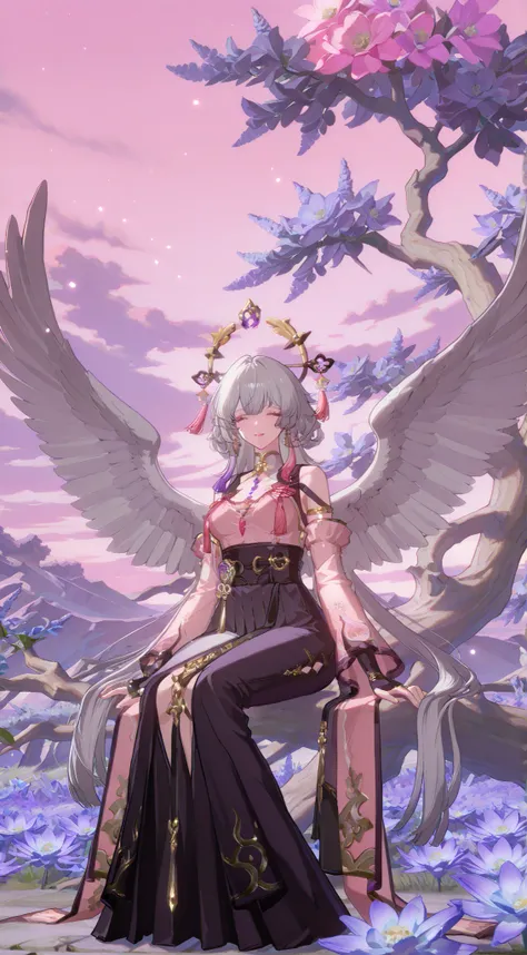 Create a vibrant, dreamy illustration depicting a serene scene featuring a young woman with long, flowing silver hair. She is sitting playfully on a large blooming tree, adorned with colorful roses in hues of pink and lavender. The background is a soft pas...