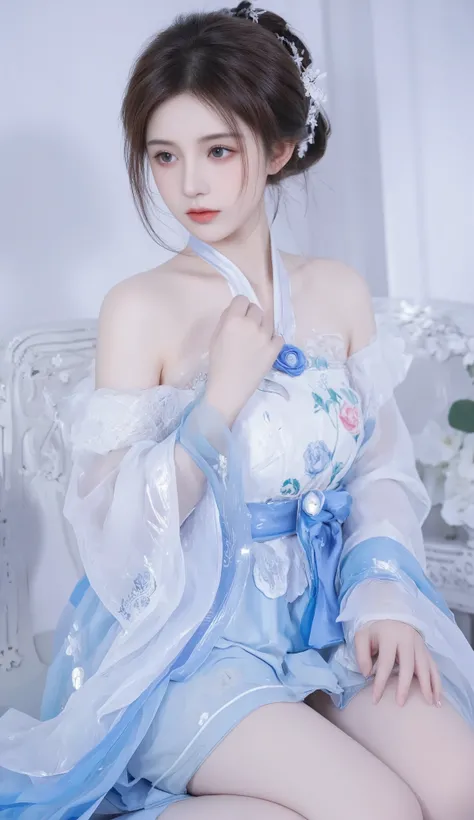 robe, 1 girl, [[blue bow, blue eyes, blue flowers, Blue Ribbon, blue Rose, Chest, Chinese clothing , Chinese clothing , skirt, flower, Gradient , Gradient background, embroidered ball flower, Watch the audience, small Chest, pantyhose, Rose, Singl...