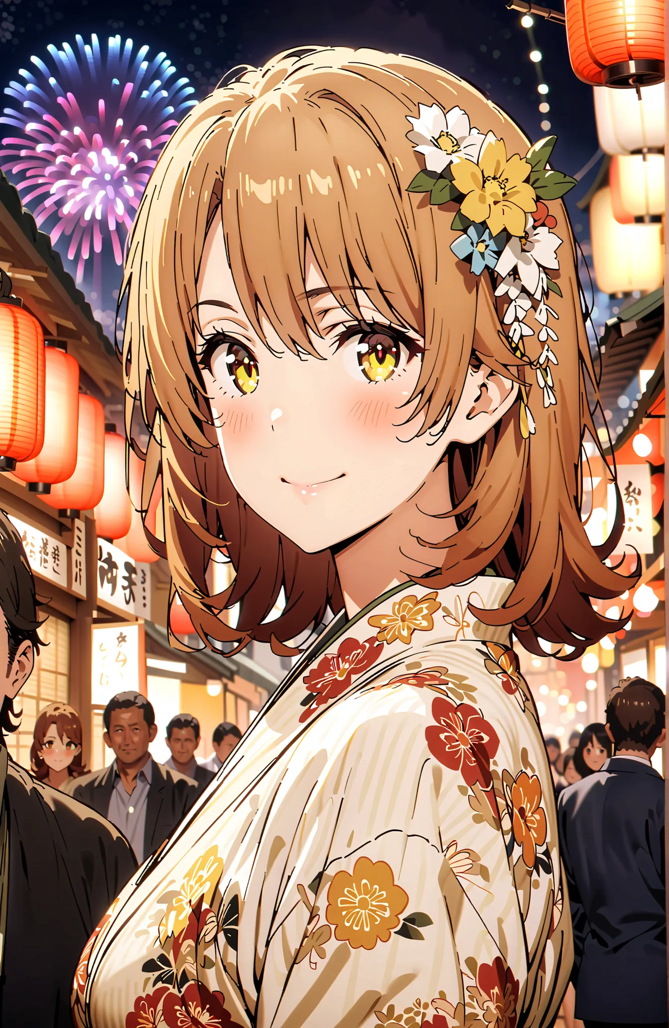 Iroha Isshiki, short hair, brown hair, brown eyes in the bedroom,flower hair ornament with ears,Yellow flower pattern kimono ,Medium breast,smile,blush,mouth,Light up fireworks,Red Lantern,Japanese stalls ,standing,night,crowd,in their 40s outdoors, Japane...