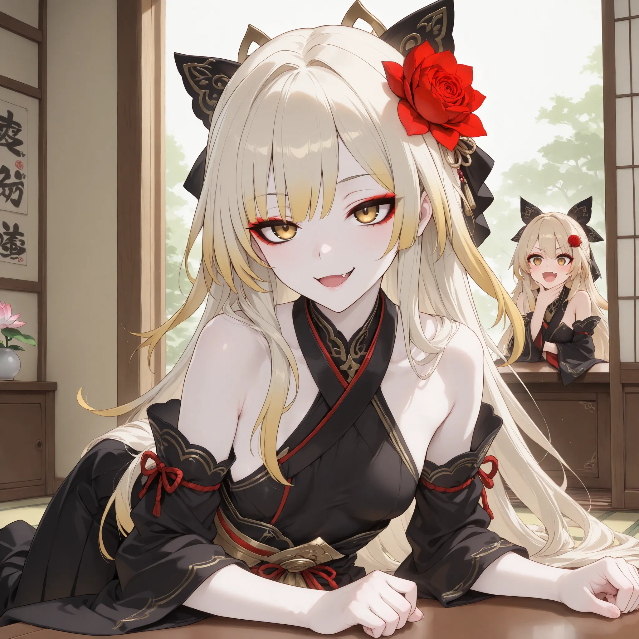 pale-blonde hair, Beautiful, Long Hair, (Rose gradient on hair), Golden Eyes black kimono, cheeky, hair ribbon, alluring, fang, cunning, sly , sexy expression, mature, eyeliner, pale hair,detached sleeves kimono, flowy hair, japanese house background, elb...
