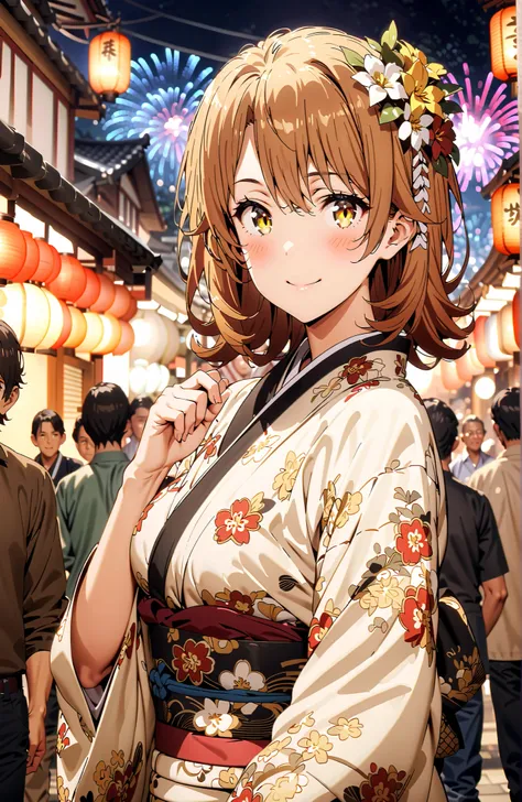 Iroha Isshiki, short hair, brown hair, brown eyes in the bedroom,flower hair ornament with ears,Yellow flower pattern kimono ,Medium breast,smile,blush,mouth,Light up fireworks,Red Lantern,Japanese stalls ,standing,night,crowd,in their 40s outdoors, Japane...