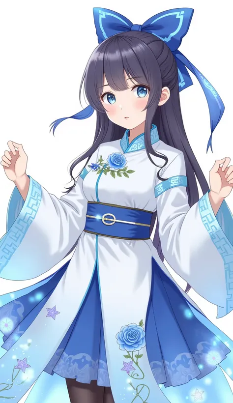 robe, 1 girl, [[blue bow, blue eyes, blue flowers, Blue Ribbon, blue Rose, Chest, Chinese clothing , Chinese clothing , skirt, flower, Gradient , Gradient background, embroidered ball flower, Watch the audience, small Chest, pantyhose, Rose, Singl...