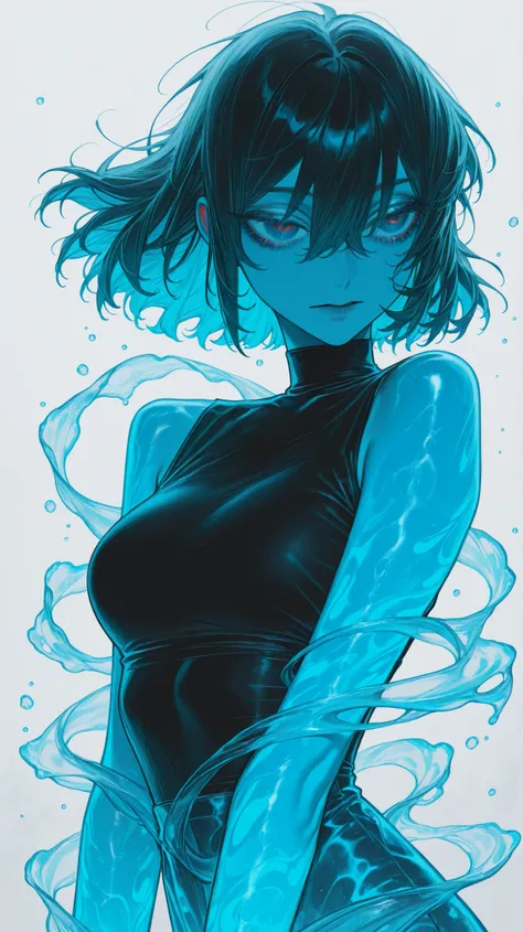 masterpiece, best quality, amazing quality, newest, very aesthetic, 1girl,Image is a digital illustration featuring an animated character with a stylized, artistic design. The character has short, tousled dark hair and is depicted with a blue skin tone, gi...