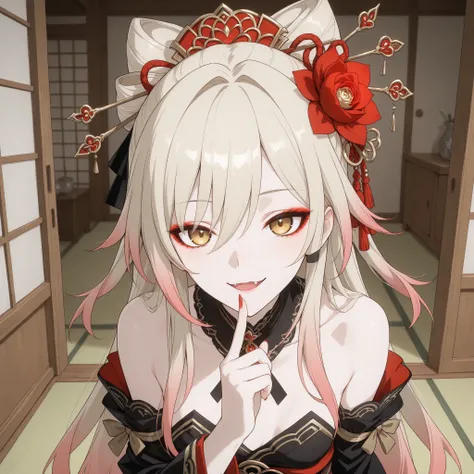 pale-blonde hair, Beautiful, Long Hair, (Rose gradient on hair), Golden Eyes black kimono, cheeky, hair ribbon, alluring, fang, cunning, sly , sexy expression, mature, eyeliner, pale hair,detached sleeves kimono, flowy hair, japanese house background, lon...