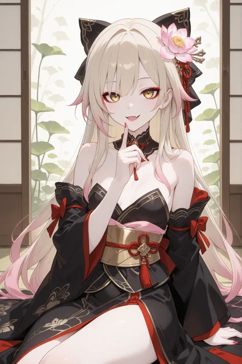 pale-blonde hair, Beautiful, Long Hair, (Rose gradient on hair), Golden Eyes black kimono, cheeky, hair ribbon, alluring, fang, cunning, sly , sexy expression, mature, eyeliner, pale hair,detached sleeves kimono, flowy hair, japanese house background, lon...