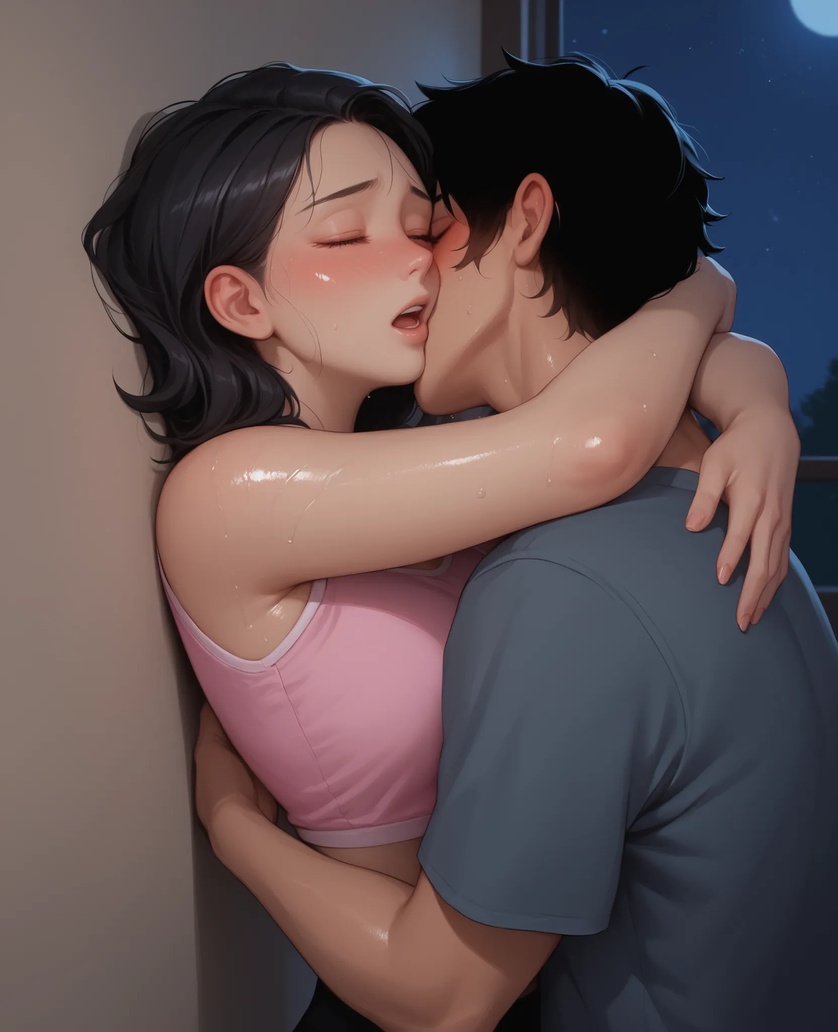 score_9, score_8_up, score_7_up, 1woman, solo, hair, closed eyes, fair skin, fair-skinned female, black hair bob, lovely medium breasts, perfect body, pink crop top, sweat, female organism, open mouth, looking at viewer, head tilt, nose blush, blush, in...