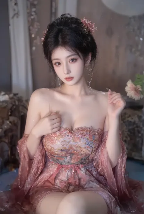 a  Chinese woman wearing a sexy dress, 
(((masterpiece))), ((best quality)), ((intricate detailed)), ((Hyperrealistic)), absurd res, milf, mature woman, perspective, highly detailed, illustration, 1girl, ((large breasts)), high slit dress, sexy cheongsam, ...