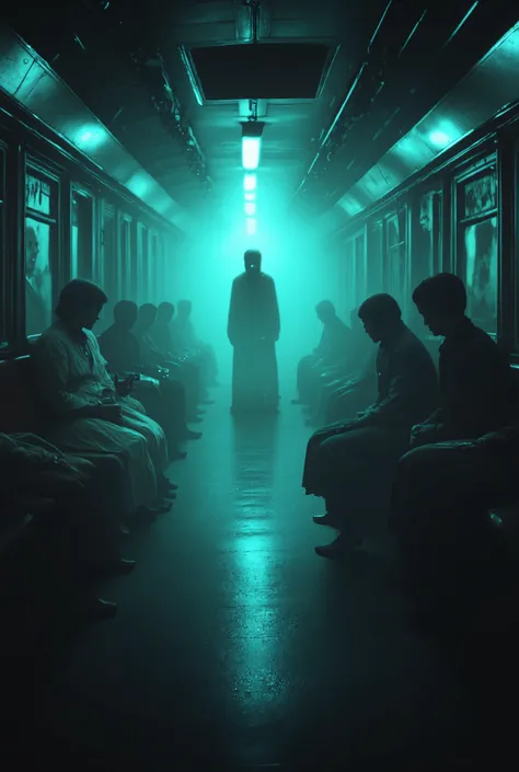 A crowded subway train rushing through a dim underground tunnel—passengers absorbed in their routine. In the middle, a ghostly figure: pale, semi-transparent, dressed in vintage 1920s attire, quietly watching the living. Nobody notices him except a small ...