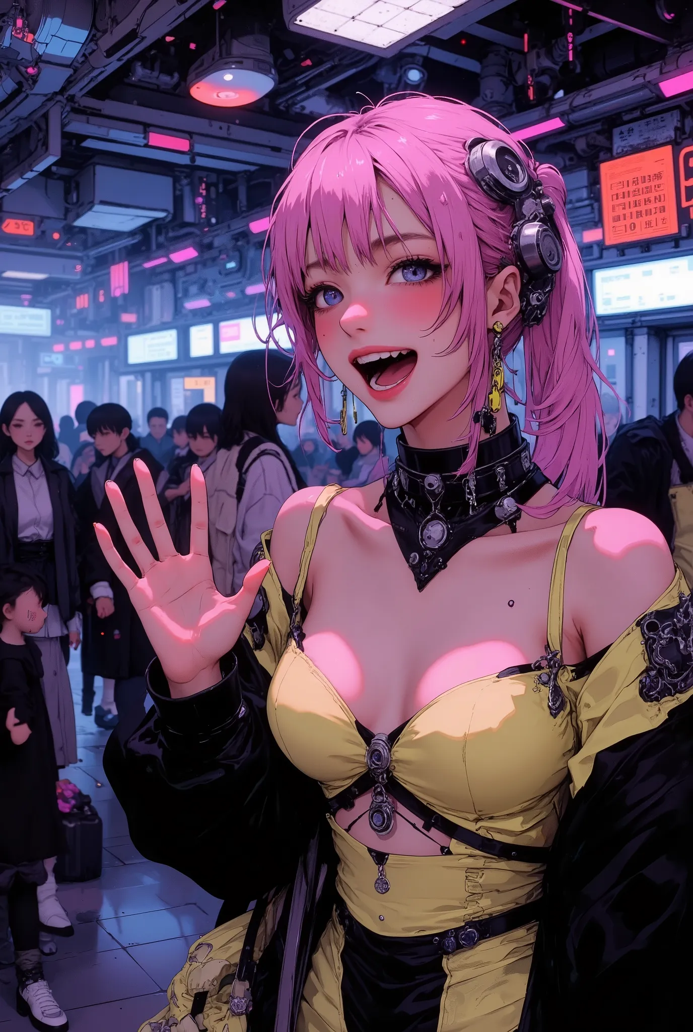 ((She is near the open doors of the train)), (subway train next to her). smile, laughing, squinting, happy, (((open mouth))), (Woman waving on subway platform), (((waving))). ((5 fingers))), (anatomically correct), perfect body, (((macro))), close-up of ch...
