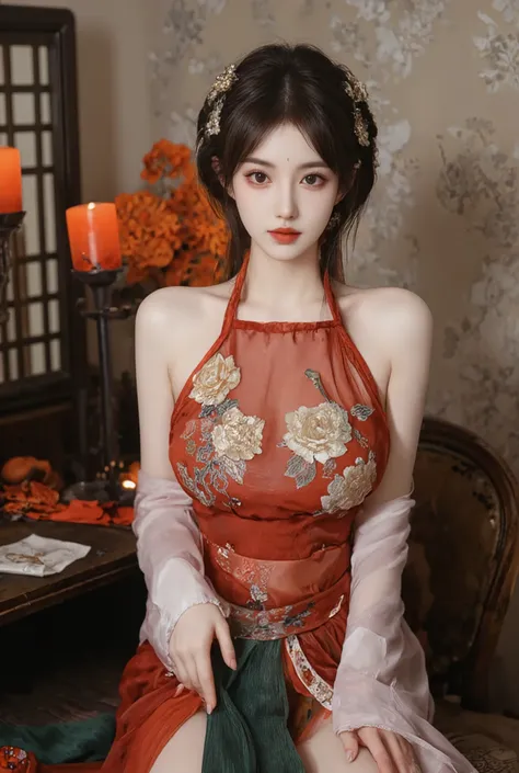 a  Chinese woman wearing a sexy dress, 
(((masterpiece))), ((best quality)), ((intricate detailed)), ((Hyperrealistic)), absurd res, milf, mature woman, perspective, highly detailed, illustration, 1girl, ((large breasts)), high slit dress, sexy cheongsam, ...