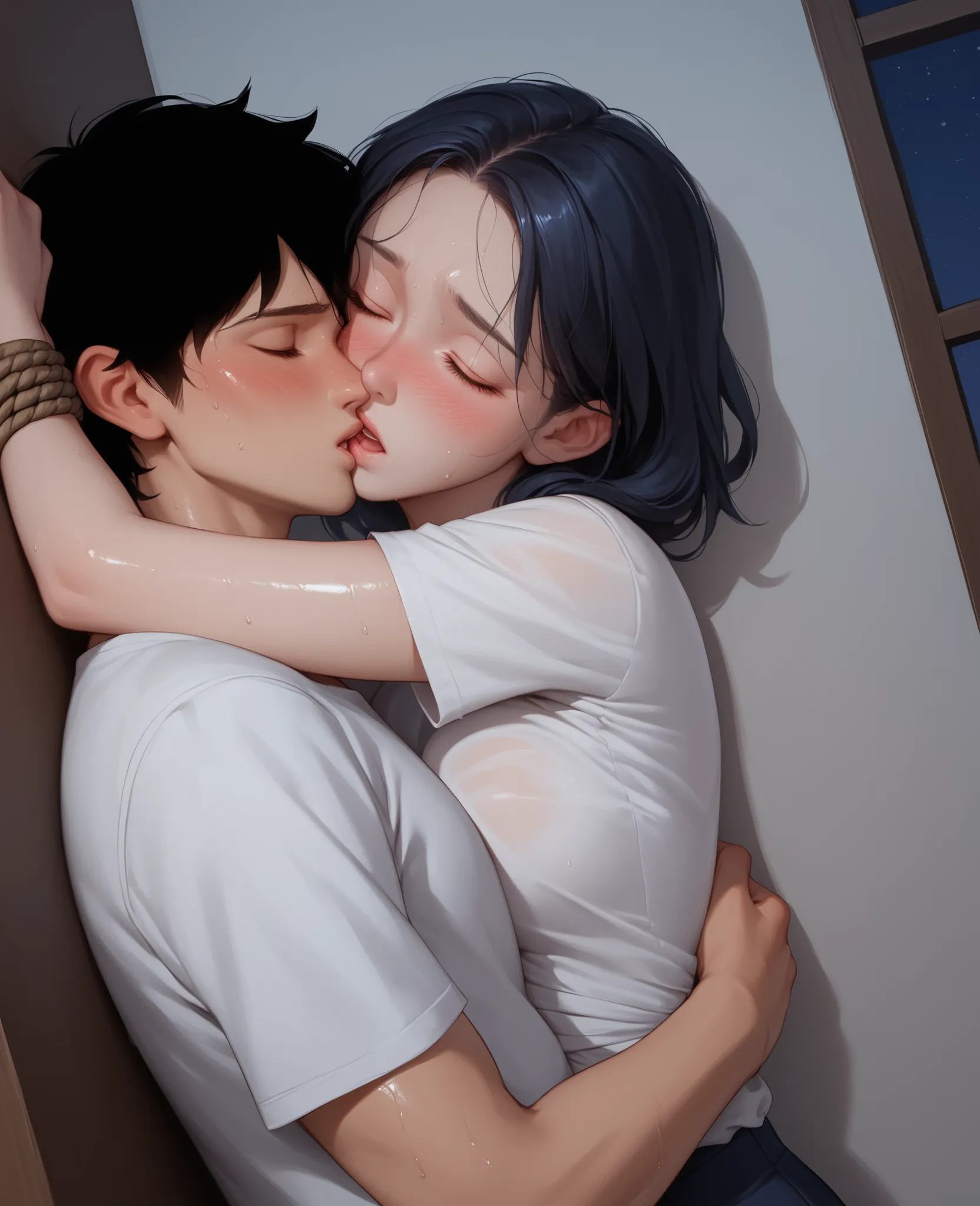 score_9, score_8_up, score_7_up, 1woman, solo, hair, closed eyes, glossy lips, black hair, lovely medium breasts, perfect body, white shirt, tied up shirt, sweat, female organism, open mouth, looking at viewer, head tilt, nose blush, blush, flustered, i...