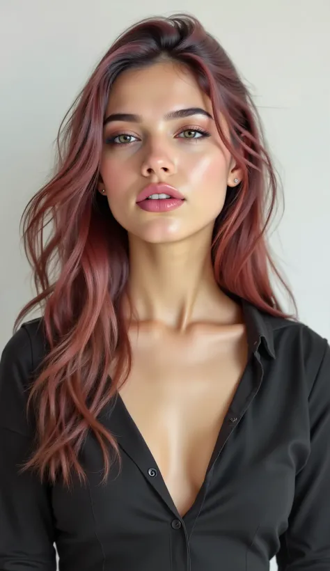 ((Generate hyper realistic half body image of captivating scene featuring by a stunning 20 years old girl,)) with medium long pink hair, some flowing curls, seductive lips, moist lips, nude with a black shirt umbotoned, bare chest, piercing, blue eyes, pho...