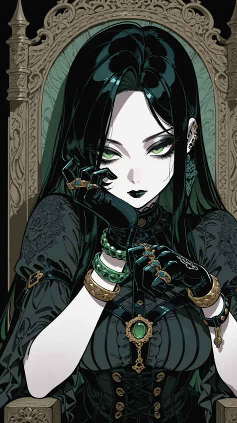 masterpiece, best quality, amazing quality, newest, very aesthetic, 1girl,Image is a digital illustration featuring a gothic style portrait of a woman seated on an ornate, wooden throne-like chair with intricate carvings. The subject has pale skin and long...
