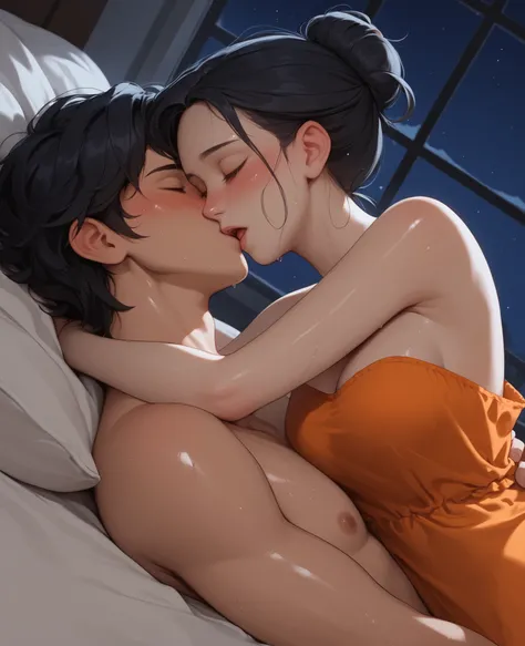 score_9, score_8_up, score_7_up, 1woman, solo, hair, closed eyes, white milky porcelain skin, white-skinned female, black hair in a messy bun, lovely medium breasts, perfect body, orange maxi dress, messy clothes, exposed shoulder, sweat, female organism, ...