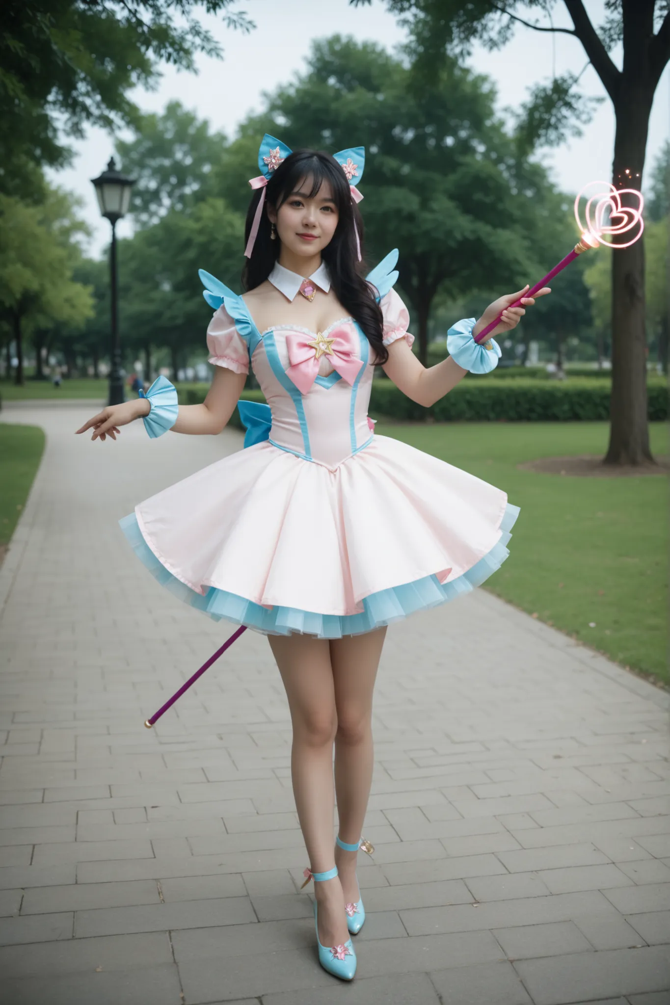 Realistic photo. Cosplay of a sensuous, magical girl holding a magic stick, showcasing thighs, delicate shoes. Background of a park.
