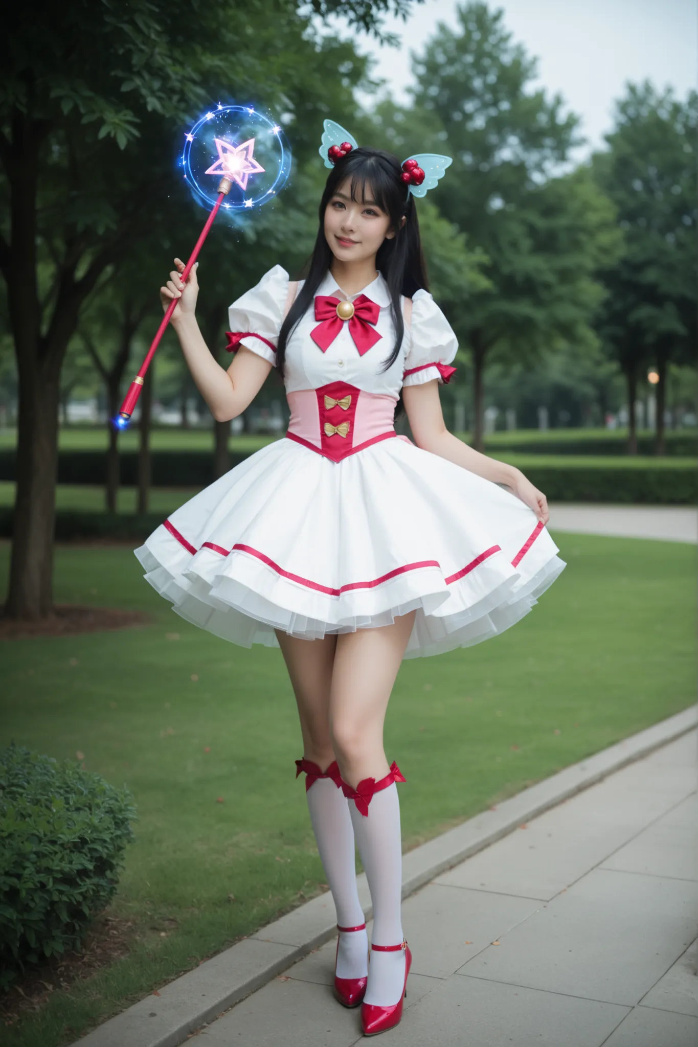 Realistic photo. Cosplay of a sensuous, magical girl holding a magic stick, showcasing thighs, delicate shoes. Background of a park.
