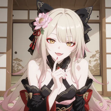 pale-blonde hair, Beautiful, Long Hair, (Rose gradient on hair), Golden Eyes black kimono, cheeky, hair ribbon, alluring, fang, cunning, sly , sexy expression, mature, eyeliner, pale hair,detached sleeves kimono, flowy hair, japanese house background, lon...