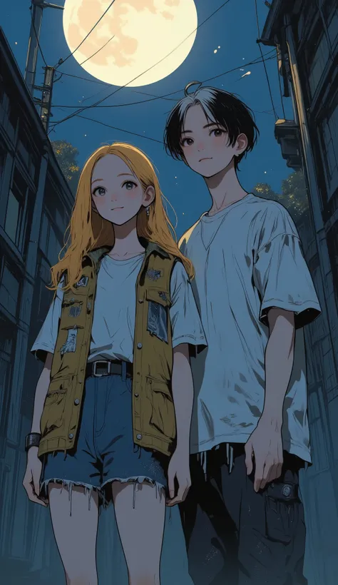 (Medium-Shot, vertical pastel-style illustration featuring lala, a beautiful young woman with a smile Face. have a petite body, Her Tomboy-style blonde girl long Hair , soft shadows across her pale face, subtly distorted by the dim, eerie moonlight. She we...