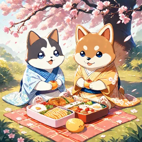 (masterpiece, best quality, ultra-detailed), under blooming cherry blossom trees, enjoying a peaceful hanami picnic. An anthropomorphic cute stylized Ragdoll cat is sitting cross-legged like a human on the right side, with a rounded face, bright blue eyes,...