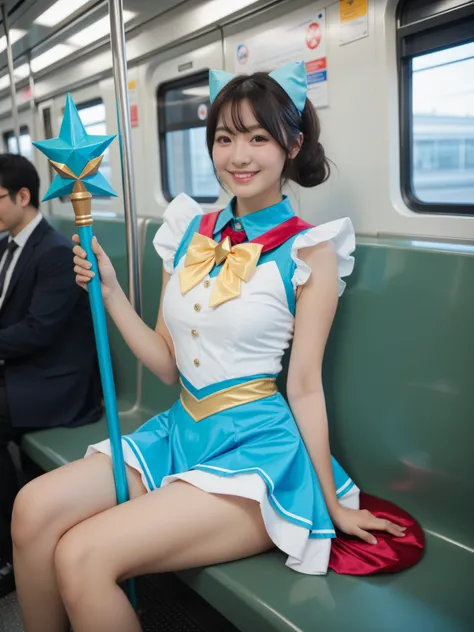 Realistic photo. Cosplay of a slightly smiling, sensuous, magical girl holding a magic scepter, showcasing thighs, sitting inside a subway train.