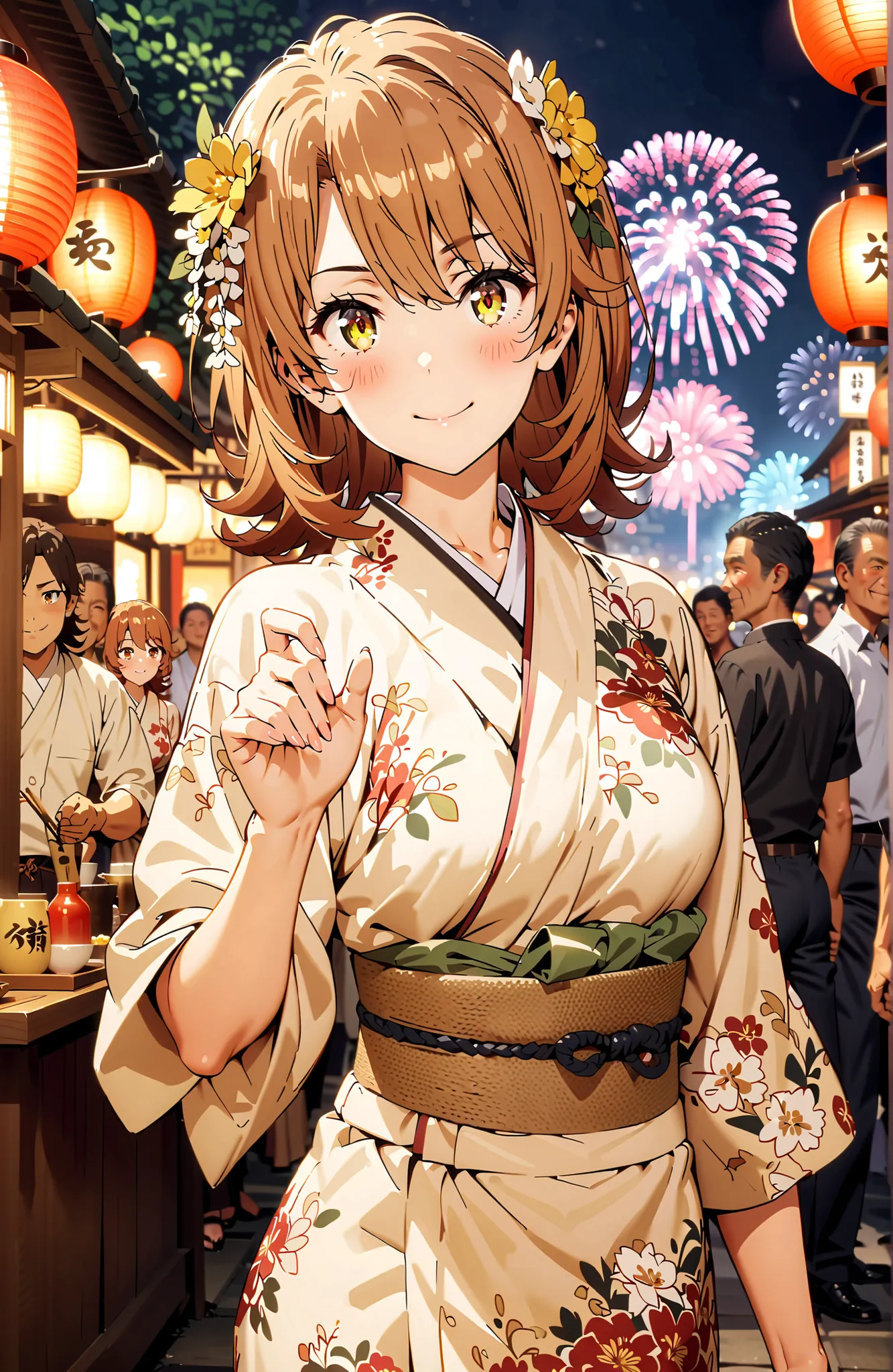 Iroha Isshiki, short hair, brown hair, brown eyes in the bedroom,flower hair ornament with ears,Yellow flower pattern kimono ,Medium breast,smile,blush,mouth,Light up fireworks,Red Lantern,Japanese stalls ,standing,night,crowd,in their 40s outdoors, Japane...