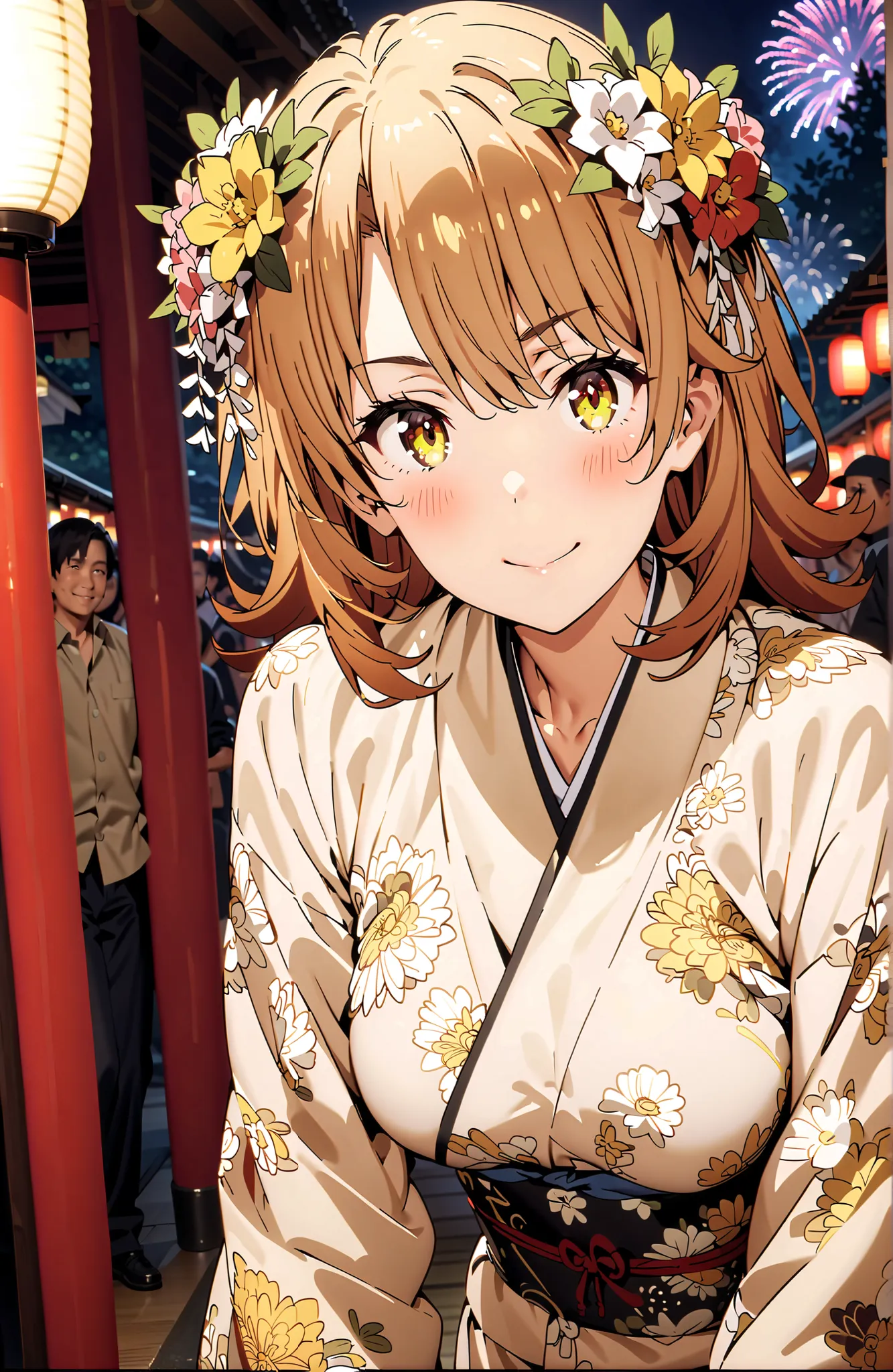 Iroha Isshiki, short hair, brown hair, brown eyes in the bedroom,flower hair ornament with ears,Yellow flower pattern kimono ,Medium breast,smile,blush,mouth,Light up fireworks,Red Lantern,Japanese stalls ,standing,night,crowd,in their 40s outdoors, Japane...