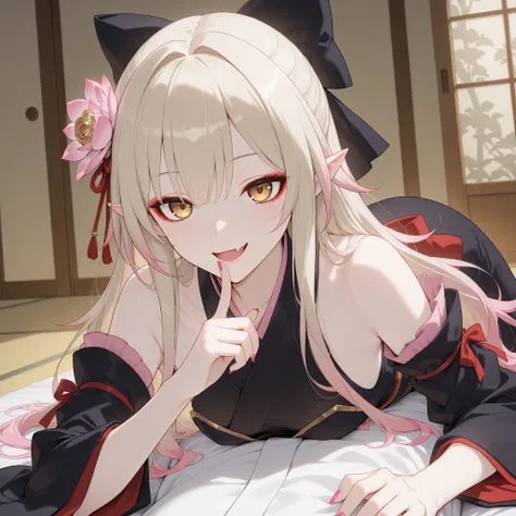 pale-blonde hair, Beautiful, Long Hair, (Rose gradient on hair), Golden Eyes black kimono, cheeky, hair ribbon, alluring, fang, cunning, sly , sexy expression, mature, eyeliner, pale hair,detached sleeves kimono, flowy hair, japanese house background, che...